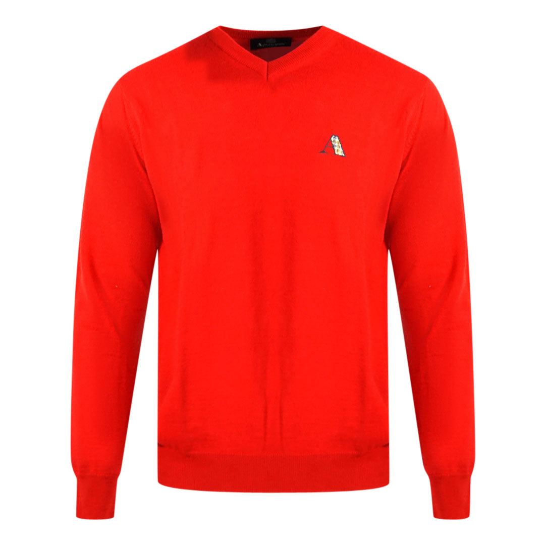 Aquascutum Check A Logo Red V Neck Jumper