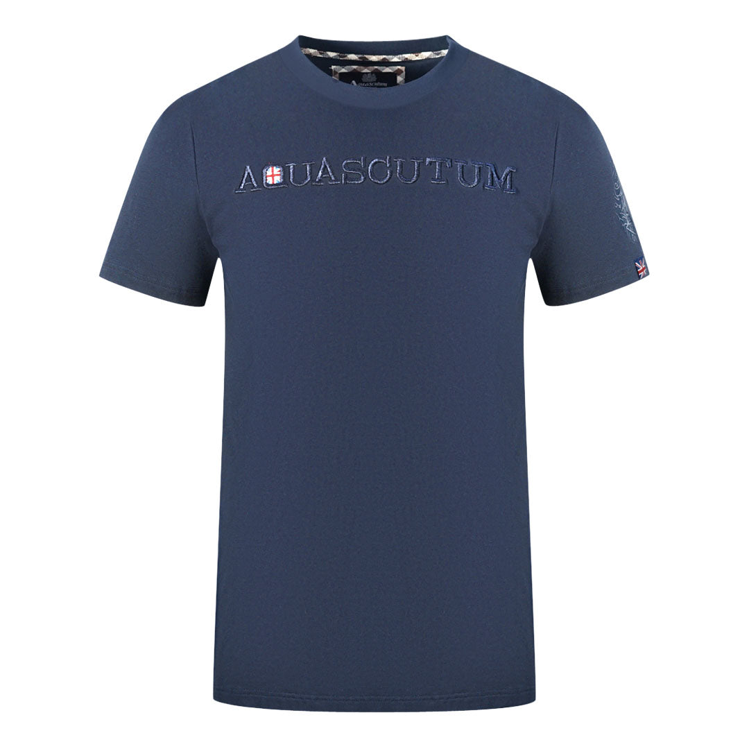 Aquascutum Brand Embossed Logo Navy Blue T Shirt Nova Clothing