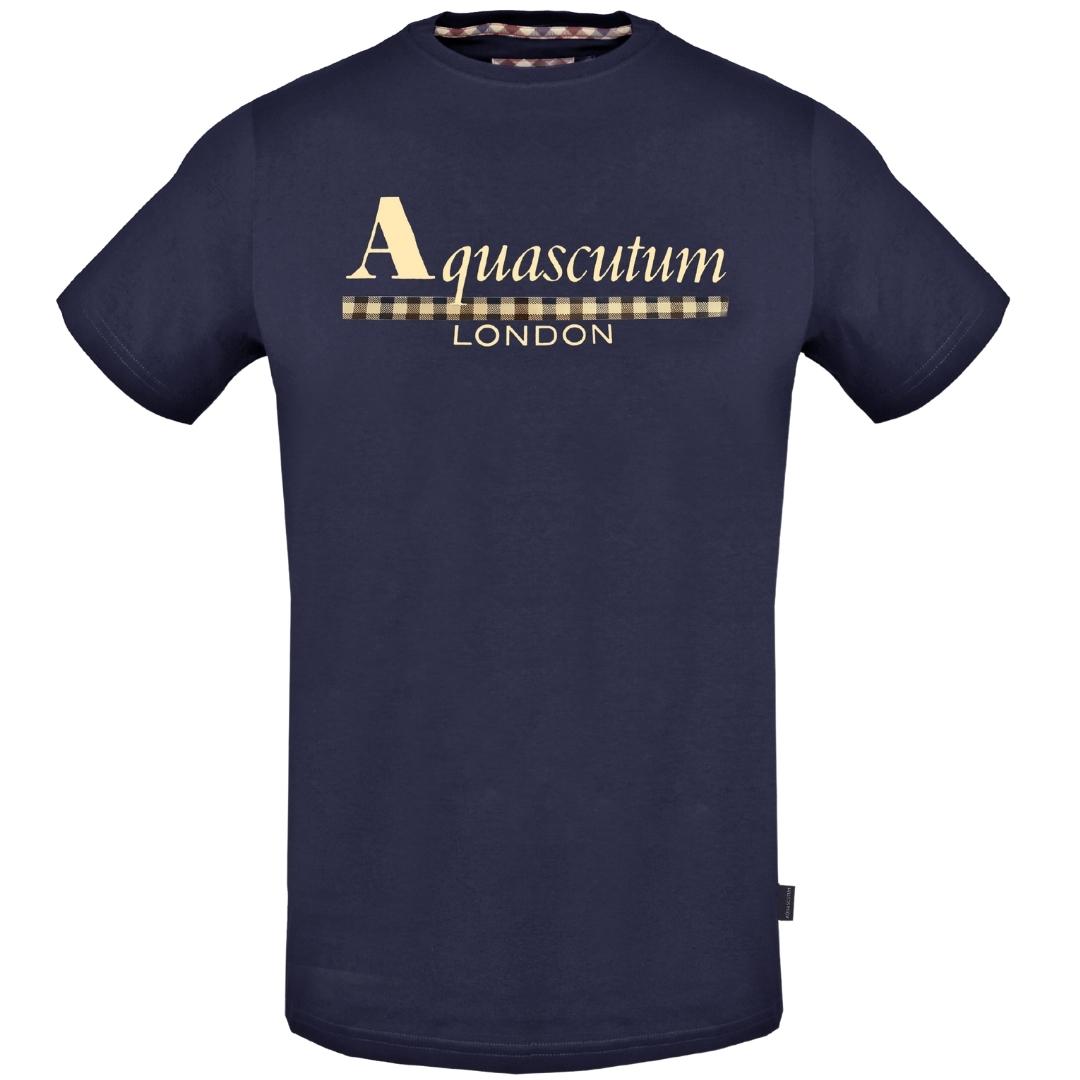 Aquascutum Check Strip Logo Navy Blue T Shirt