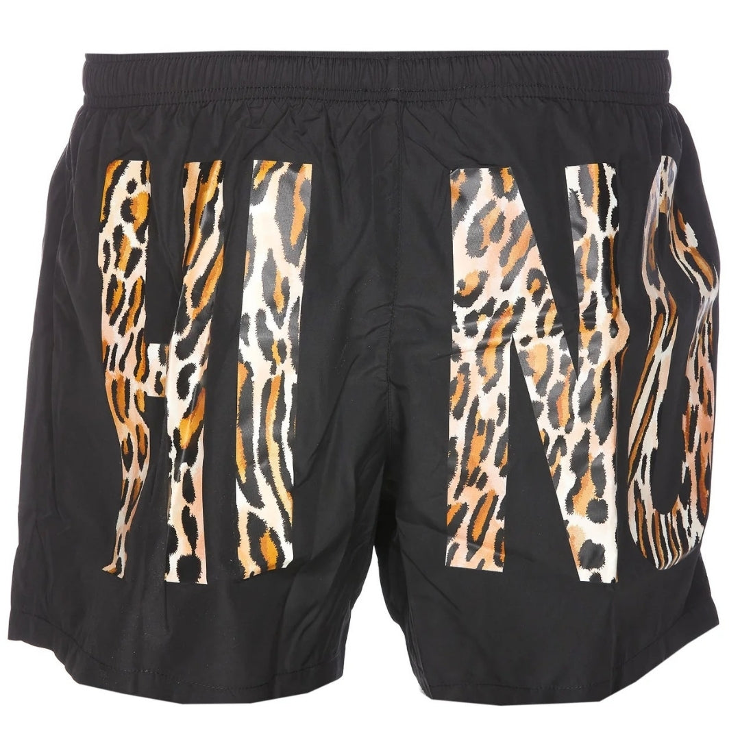 Moschino Leopard Print Logo Black Short Swim Shorts S