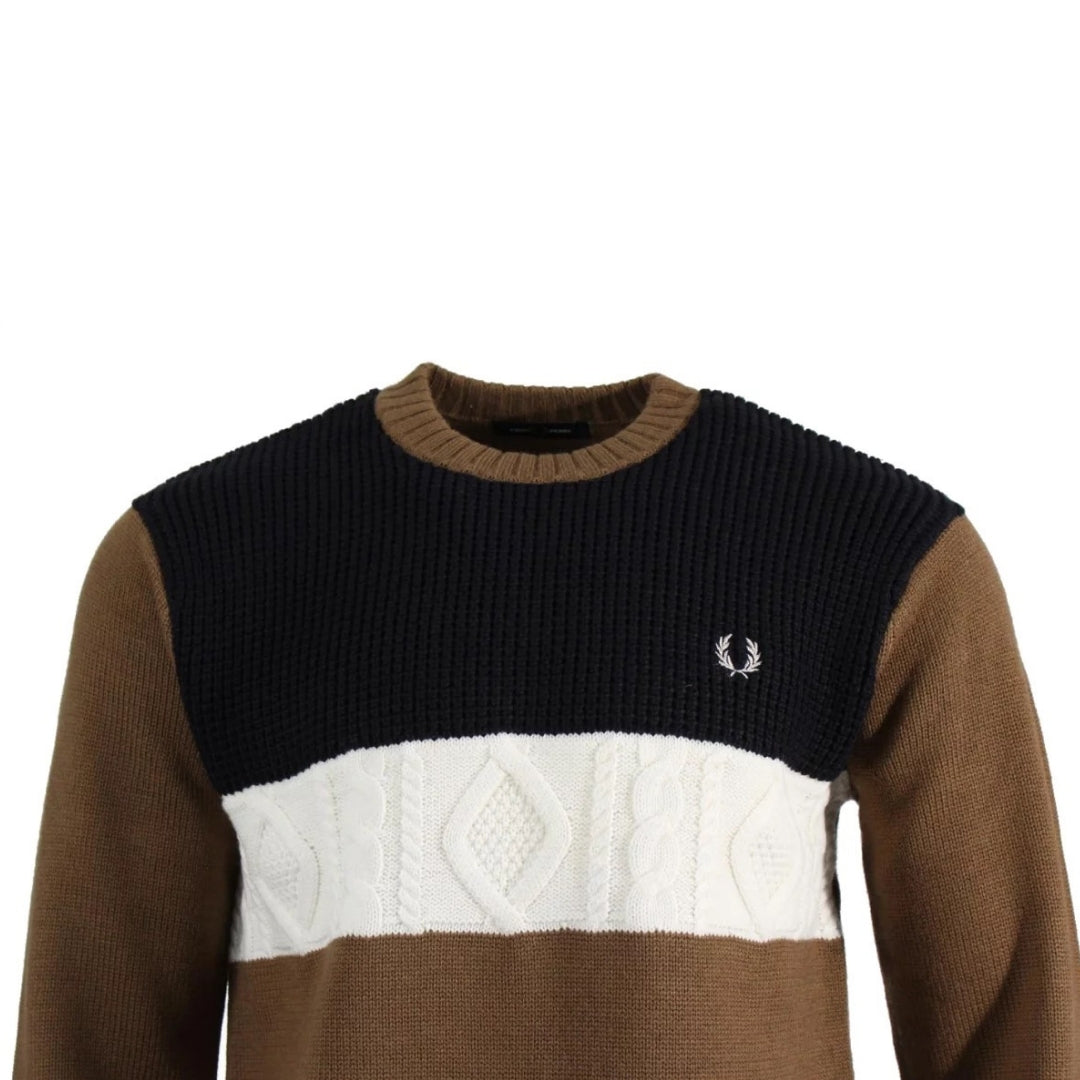 Fred Perry Textured Panel Shaded Stone Brown Sweater XS