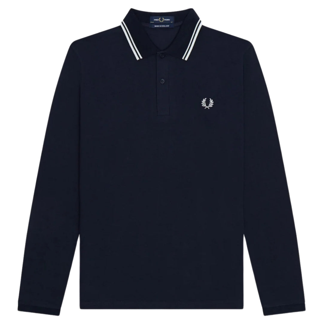 Fred Perry White Twin Tipped Collar Navy Blue Long Sleeve Polo Shirt S