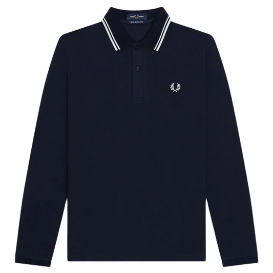 Fred Perry White Twin Tipped Collar Navy Blue Long Sleeve Polo Shirt S