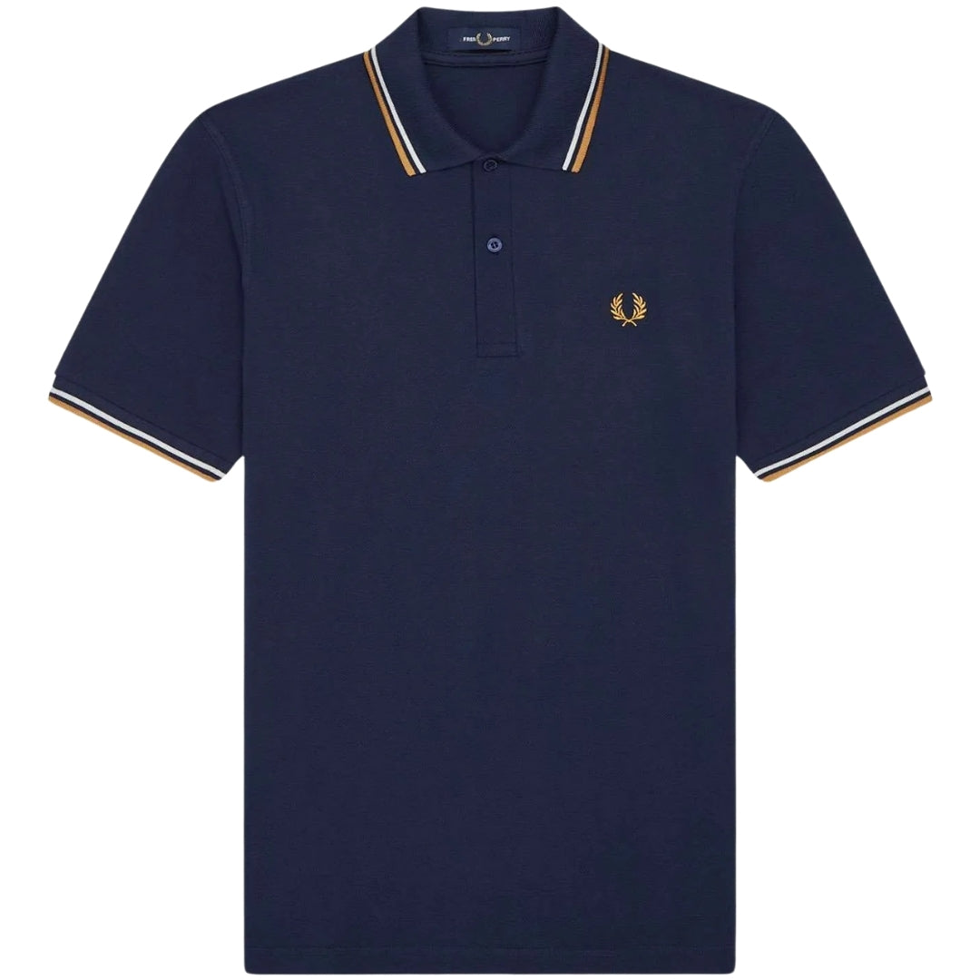 Fred Perry White and Gold Twin Tipped Dark Blue Polo Shirt S