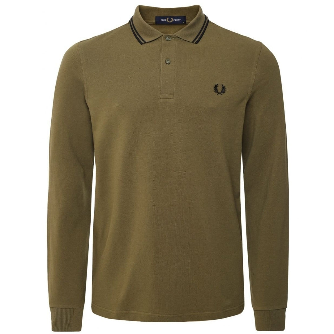 Fred Perry Black Twin Tipped Collar Dark Green Long Sleeve Polo Shirt XS