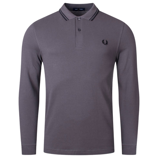 Fred Perry Black Twin Tipped Collar Gunmetal Grey Long Sleeve Polo Shirt XS