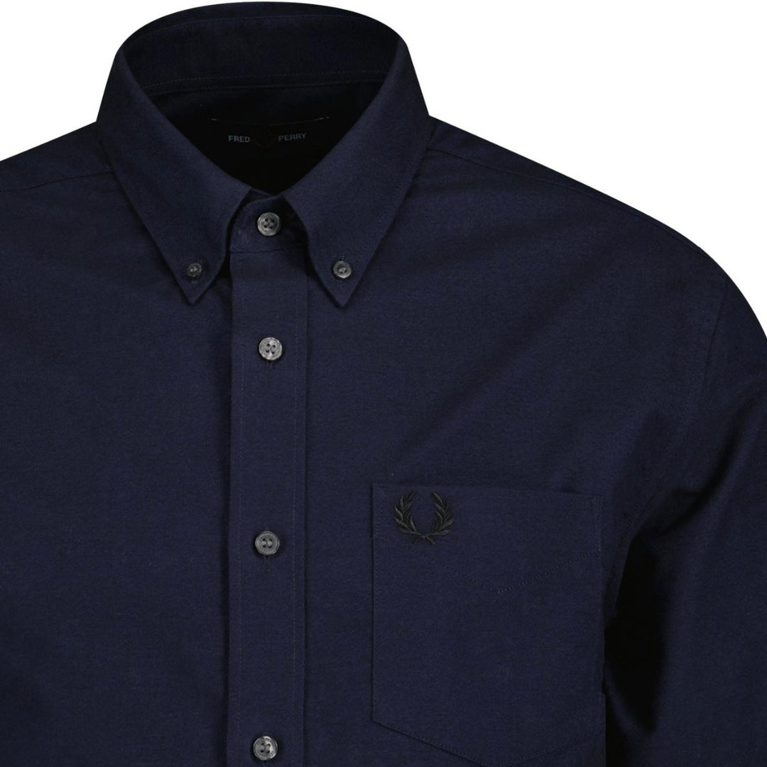 Fred Perry Branded Pocket French Navy Blue Long Sleeve Oxford Shirt XS