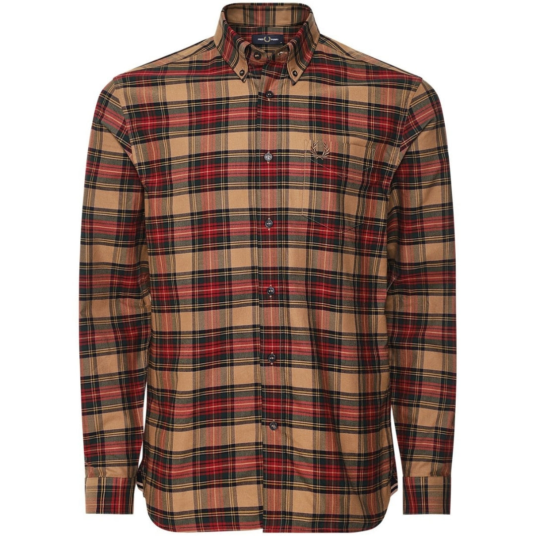 Fred Perry Long Sleeve Shaded Stone Brown Brushed Twill Tartan Shirt L