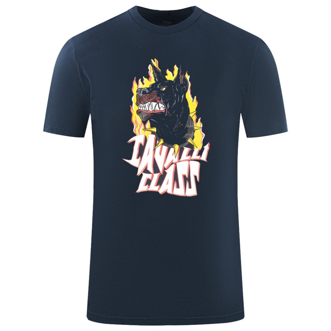 Cavalli Class Flaming Dog Logo Navy Blue T-Shirt