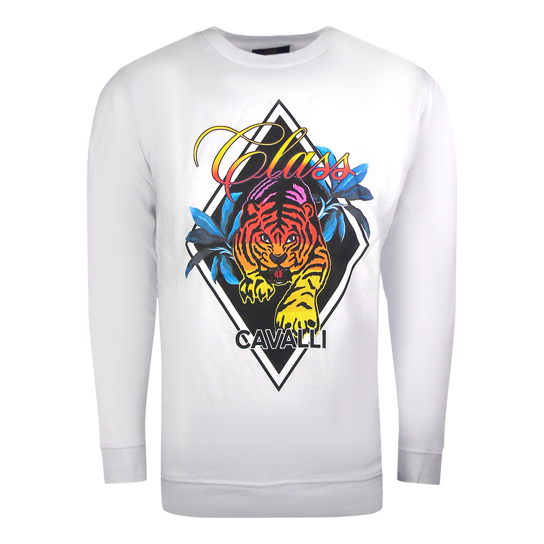 Cavalli Class Diamond Tiger Design White Sweatshirt