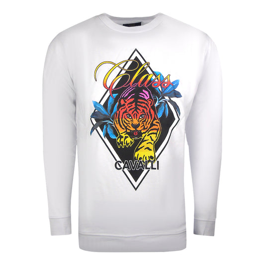 Cavalli Class Diamond Tiger Design White Sweatshirt