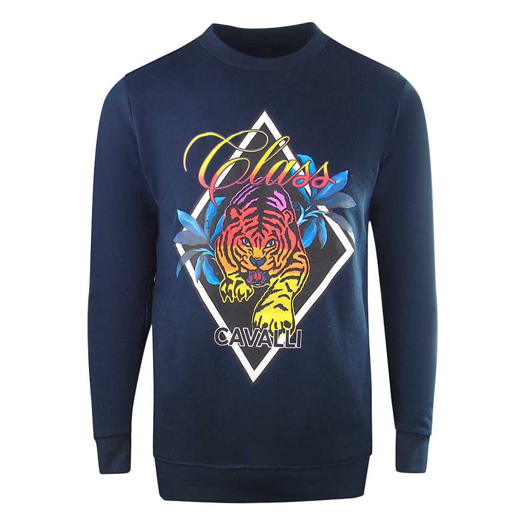 Cavalli Class Diamond Tiger Design Navy Blue Sweatshirt