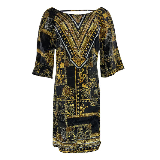 Inoa Verona 1915 Gold Print Black Flirt Dress UK 10