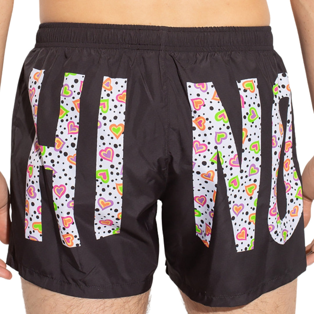 Moschino Large Heart Polka Dot Printed Logo Black Swim Shorts