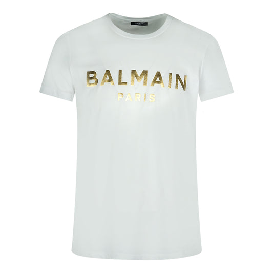 Balmain Paris Gold Brand Logo White T-Shirt