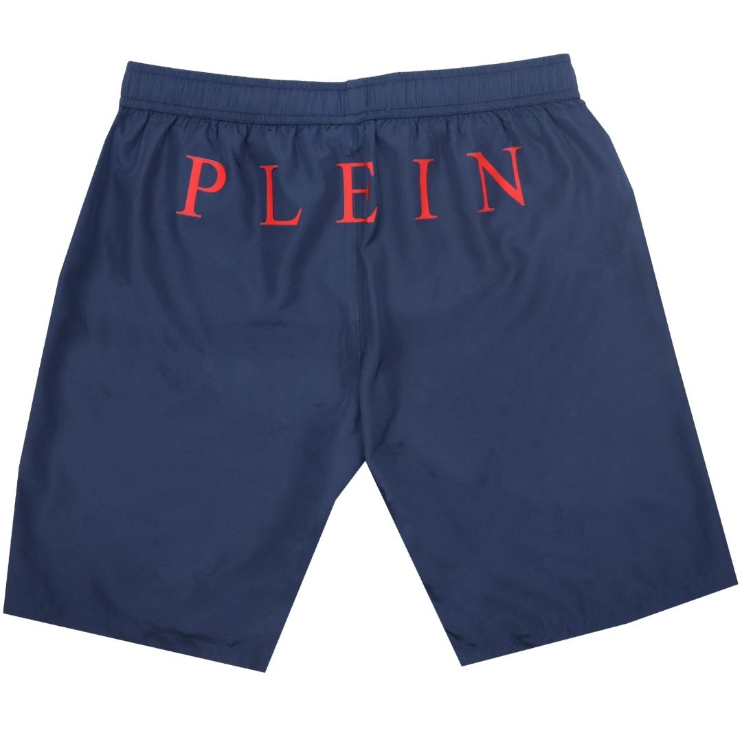 Philipp Plein Red Brand Logo Navy Blue Swim Shorts