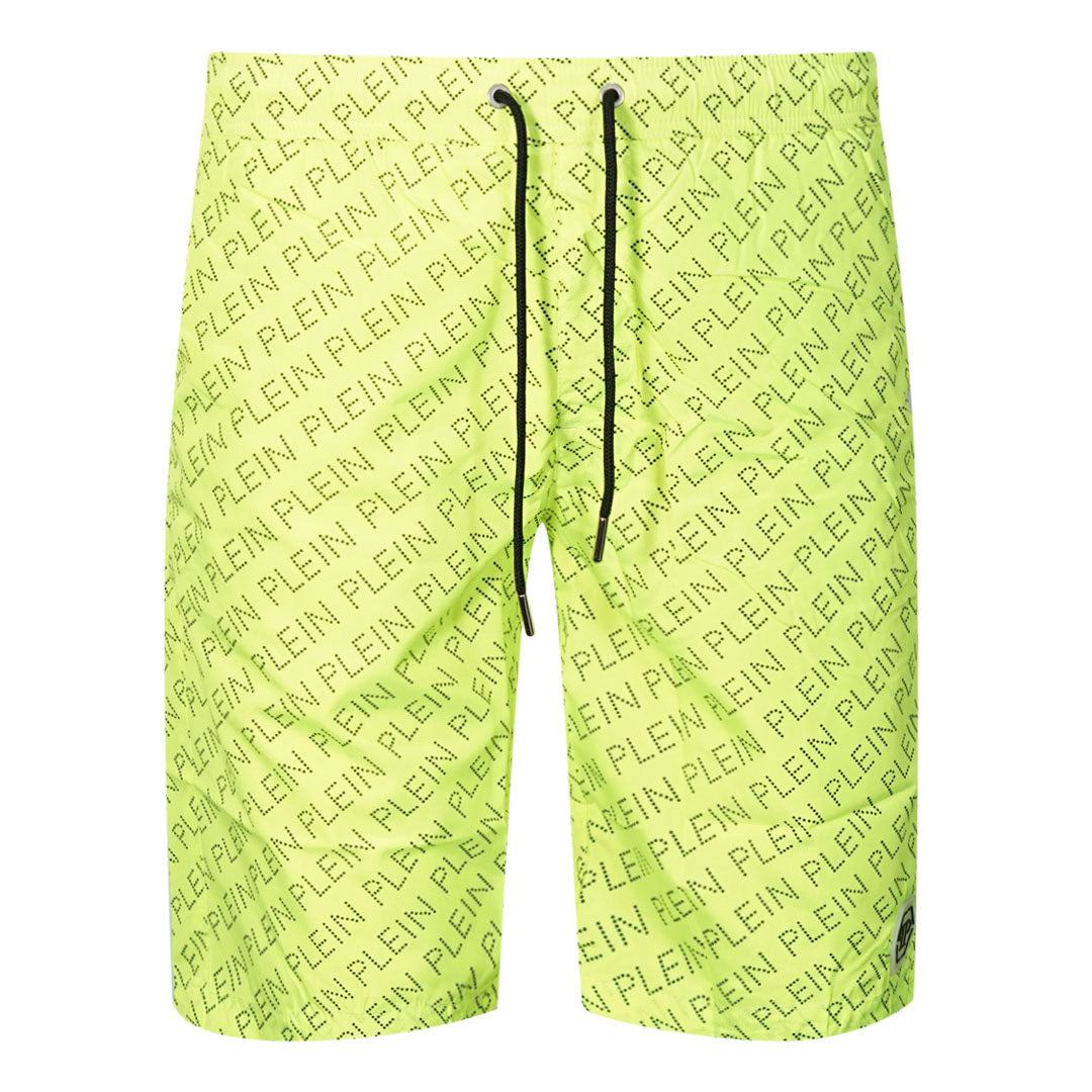 Philipp Plein Repetitive Long Logo Fluorescent Yellow Swim Shorts