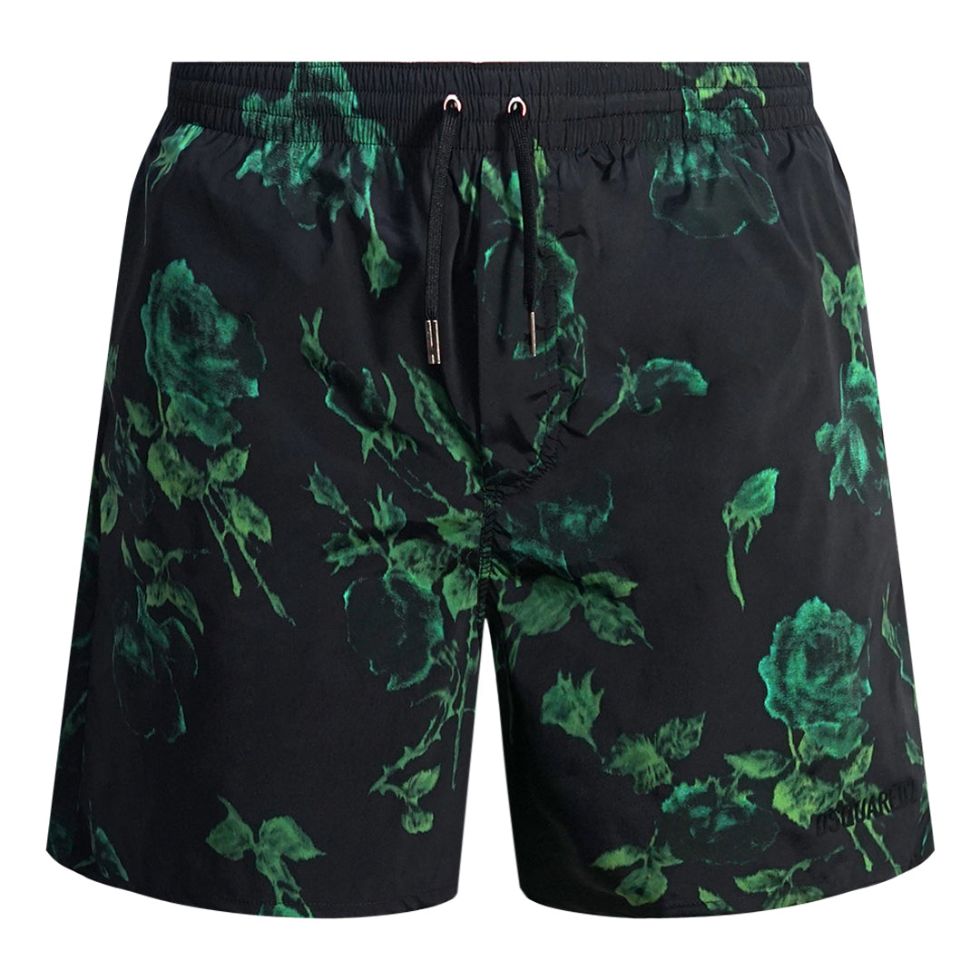 Dsquared2 Green Floral All Over Design Black Swim Shorts