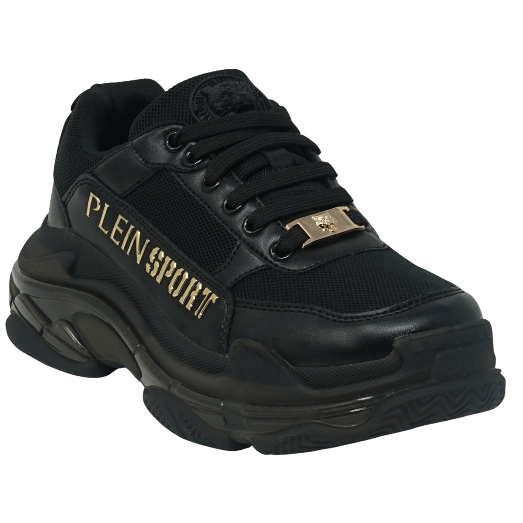 Plein Sport Gold Branded Logo Black Sneakers