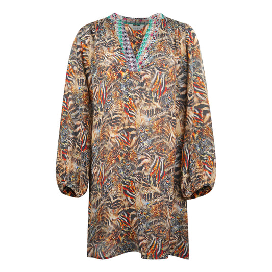 Inoa Golden Eagle Brown Long Sleeve Silk V-Neck Dress