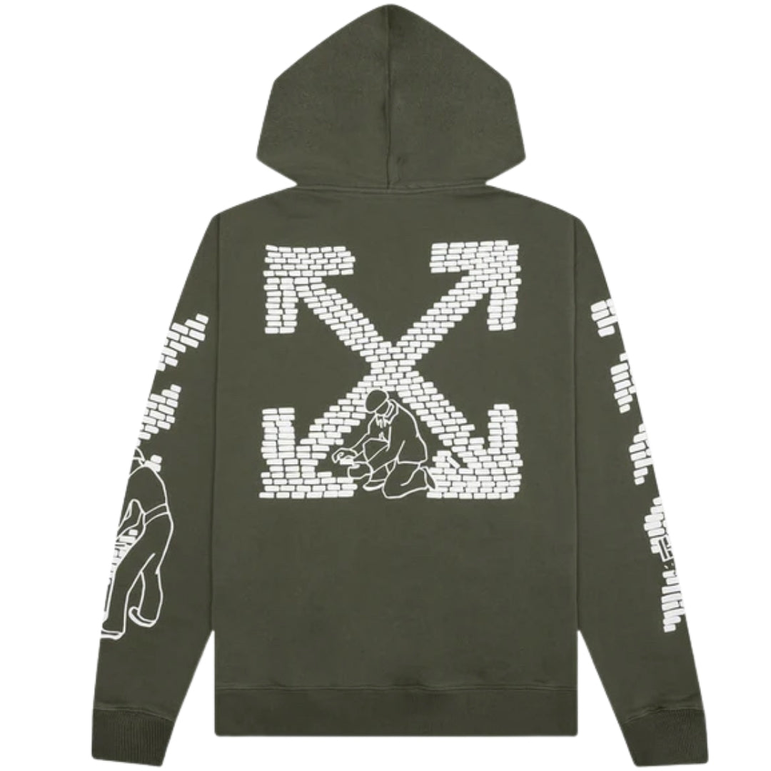 Off White Bricks Design Slim Fit Army Green Hoodie