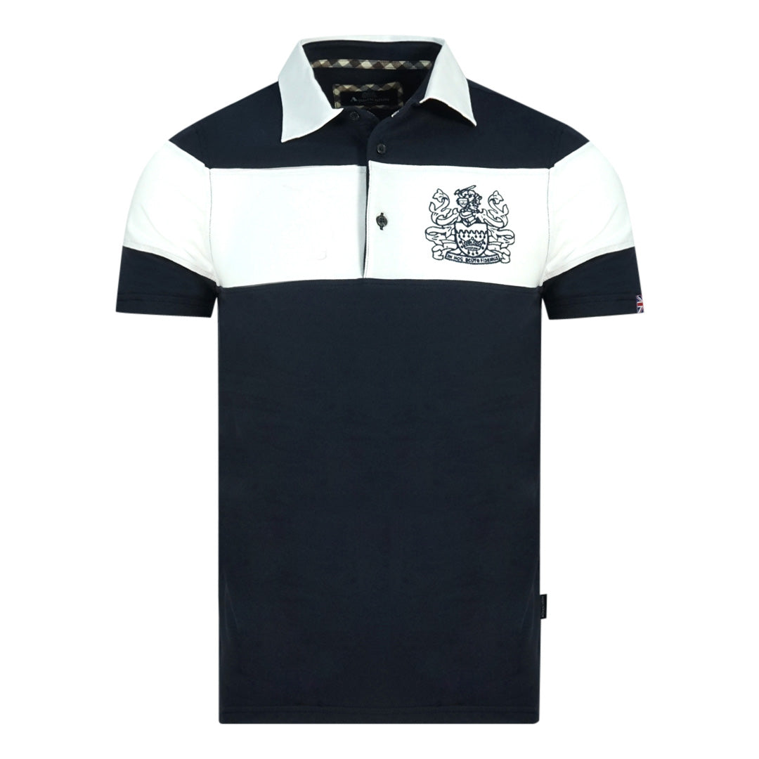 Aquascutum Colour Block Aldis Crest Chest Logo Navy Blue Polo Shirt