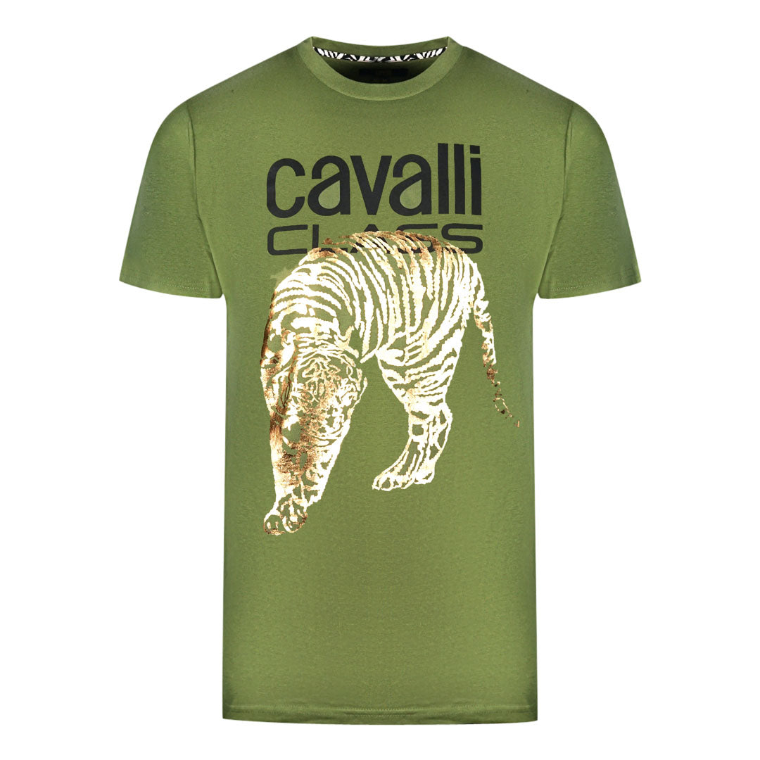Cavalli Class Large Gold Tiger Stencil Logo Green T-Shirt