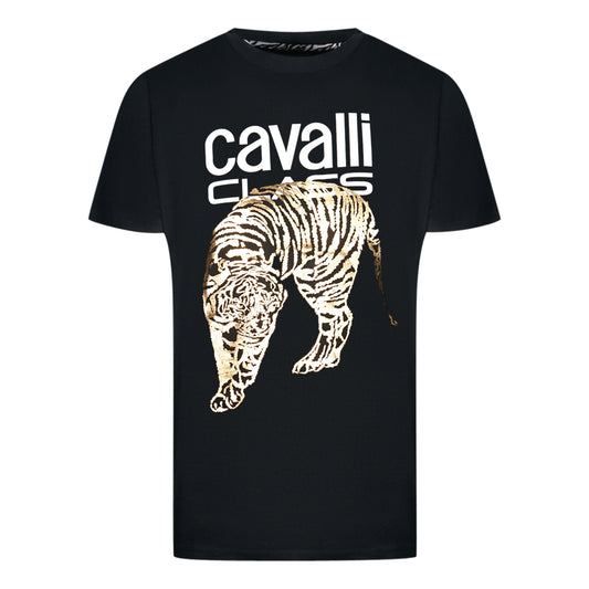 Cavalli Class Large Gold Tiger Stencil Logo Black T-Shirt