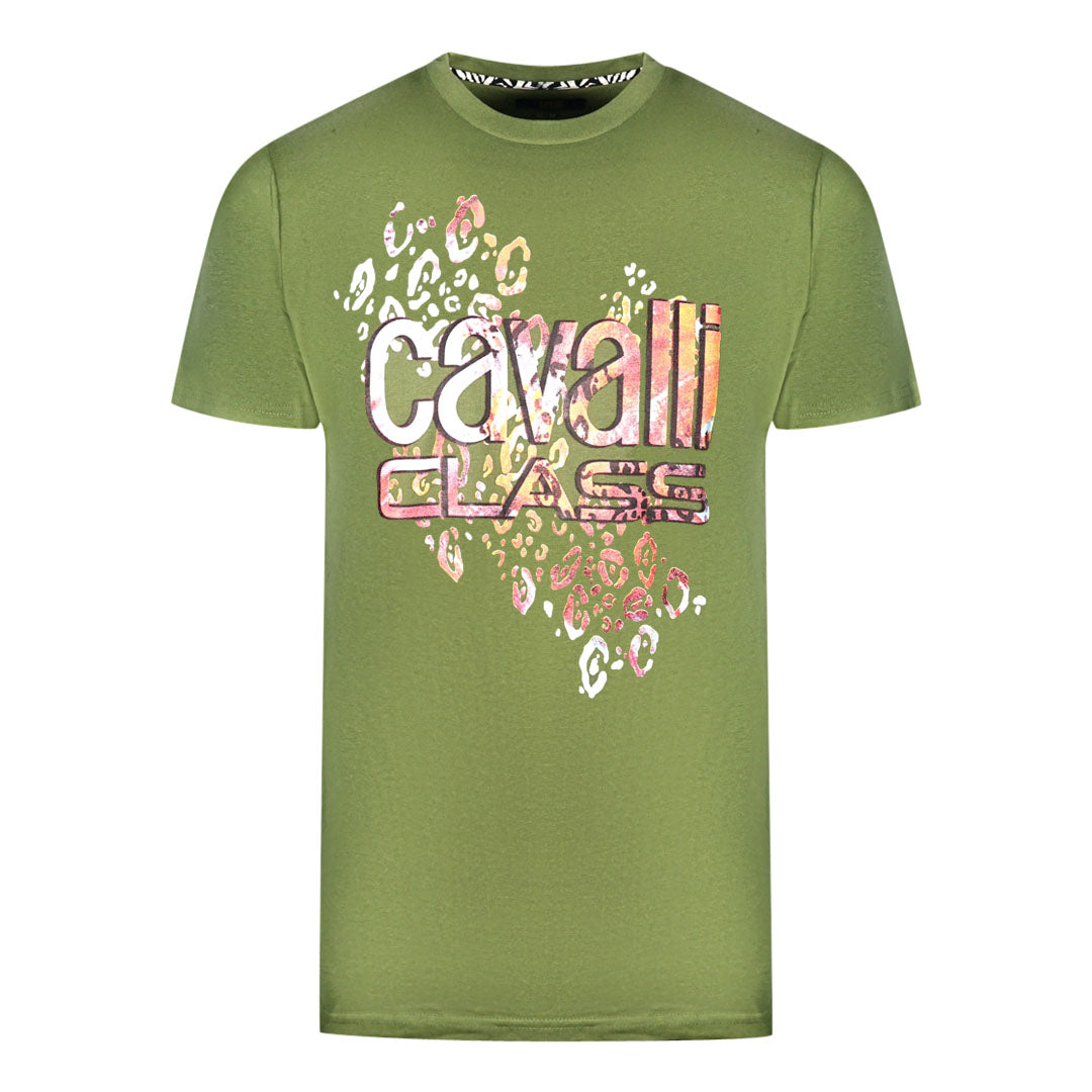 Cavalli Class Leopard Print Logo Green T-Shirt