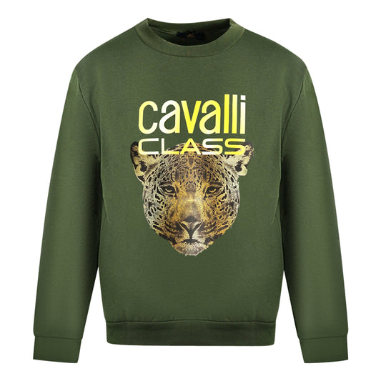Cavalli Class Leopard Print Logo Olive Jumper