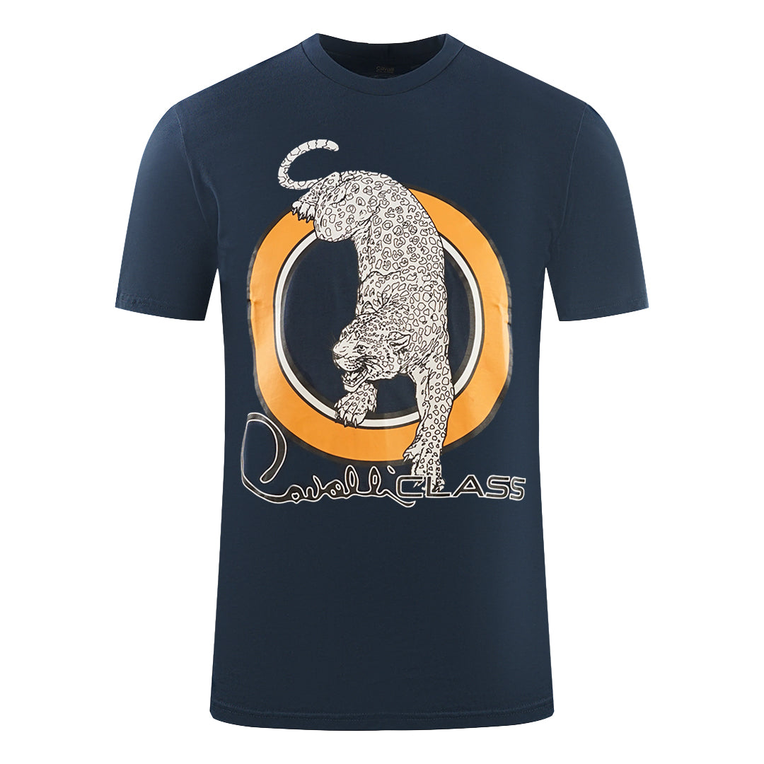 Cavalli Class Circular Leopard Logo Navy Blue T-Shirt