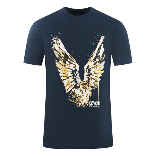 Cavalli Class Large Golden Eagle Logo Navy Blue T-Shirt