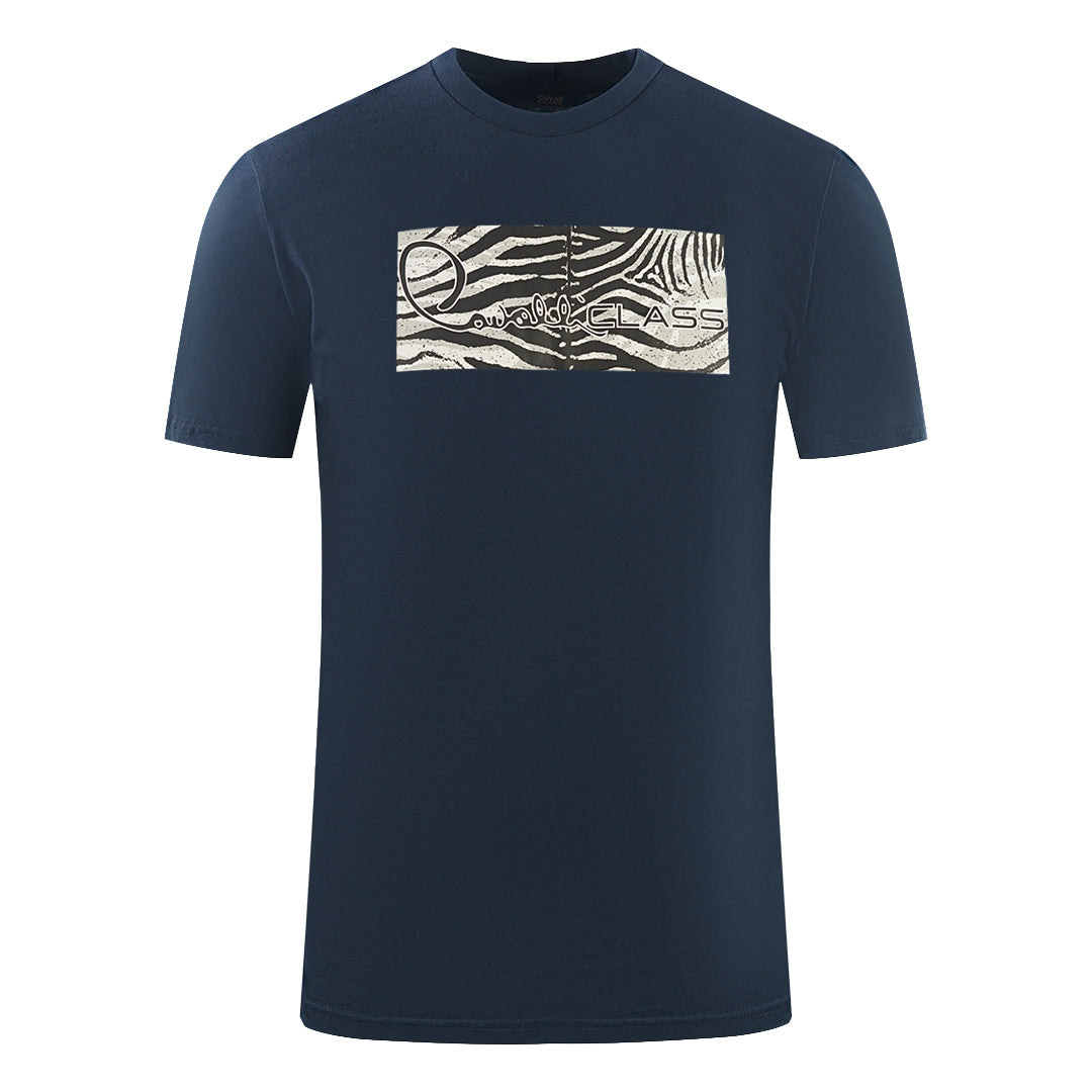 Cavalli Class Zebra Print Box Logo Navy Blue T-Shirt