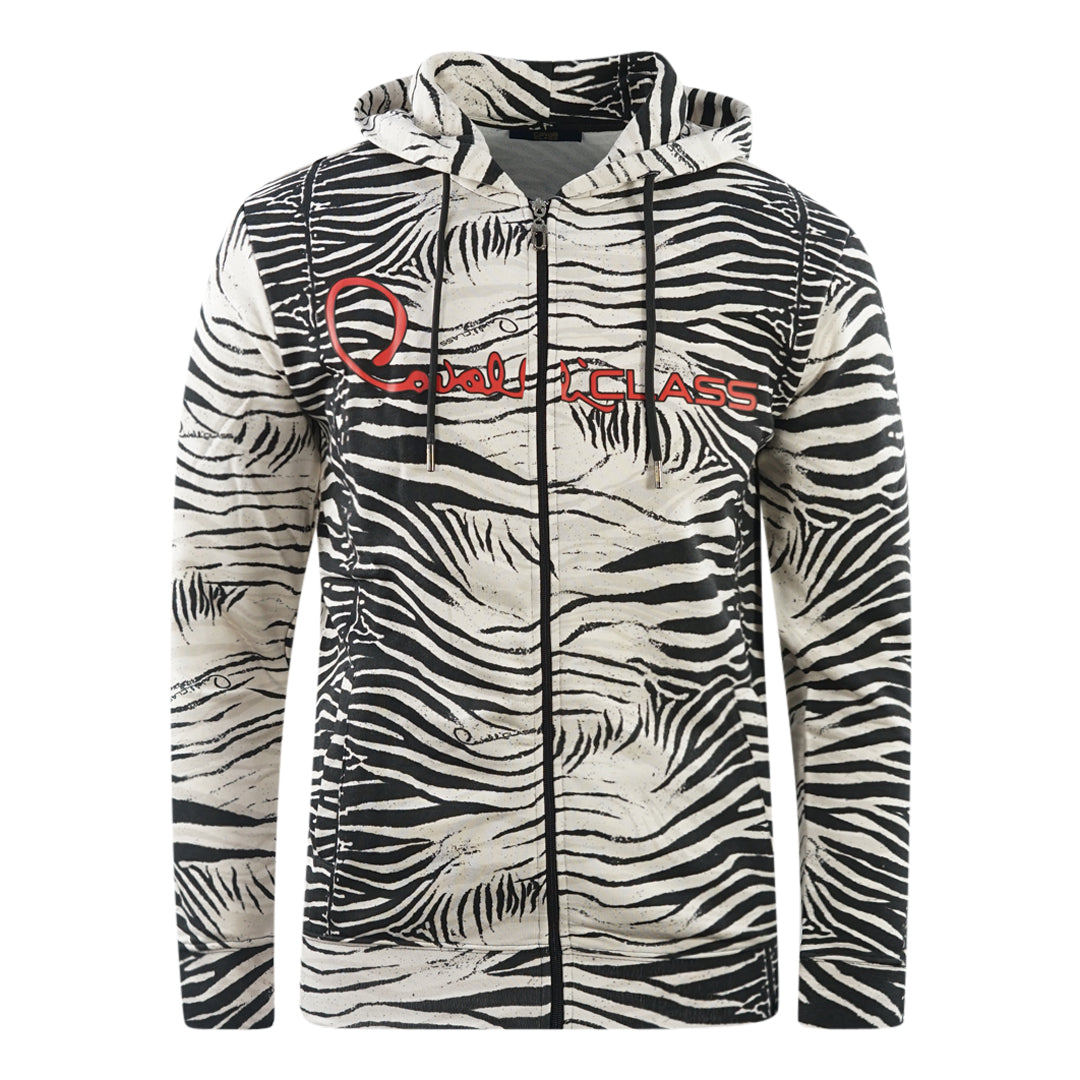 Cavalli Class Zebra Print Zip-Up Black Hoodie