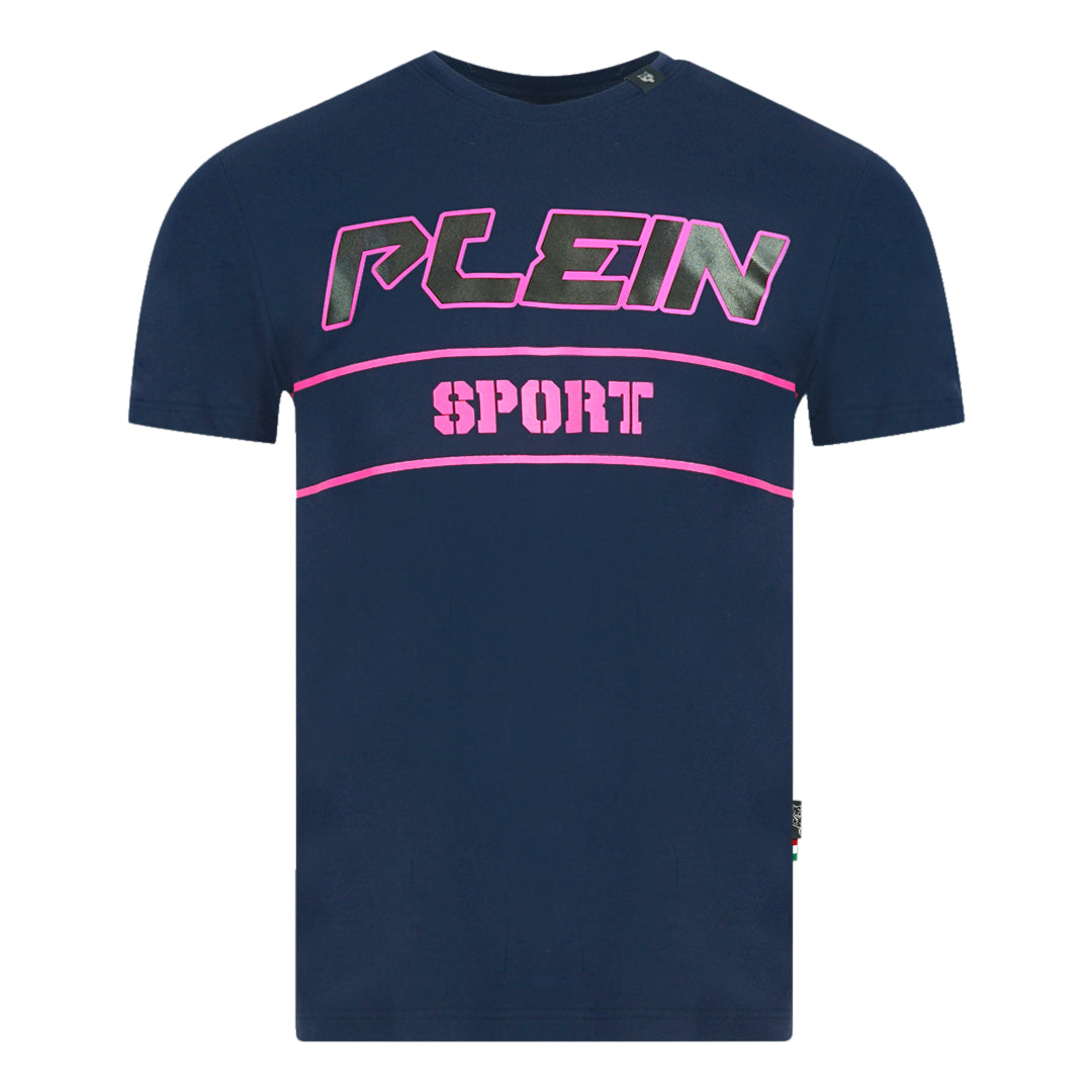 Plein Sport Block Pink Logo Navy Blue T-Shirt