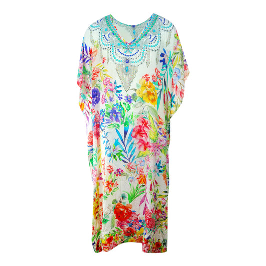 Inoa White Floral 1947 White Floral Print Long Kaftan Cover Up