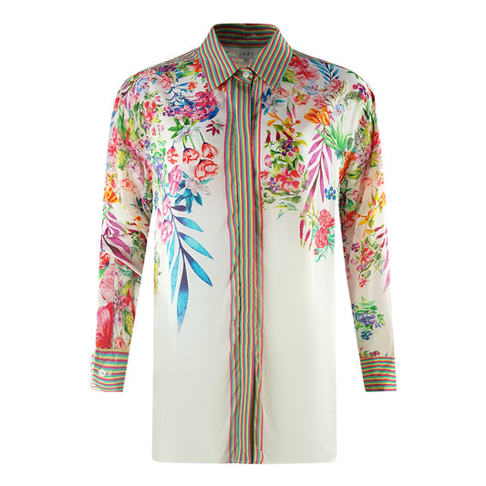 Inoa White Floral 1947 Multicoloured Long Sleeve Blouse Silk Shirt