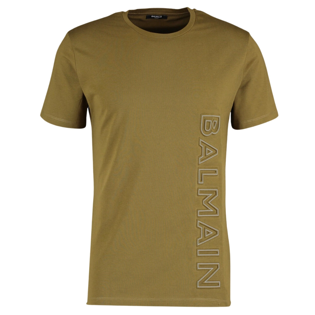 Balmain Brand Embossed Logo Khaki Green T-Shirt