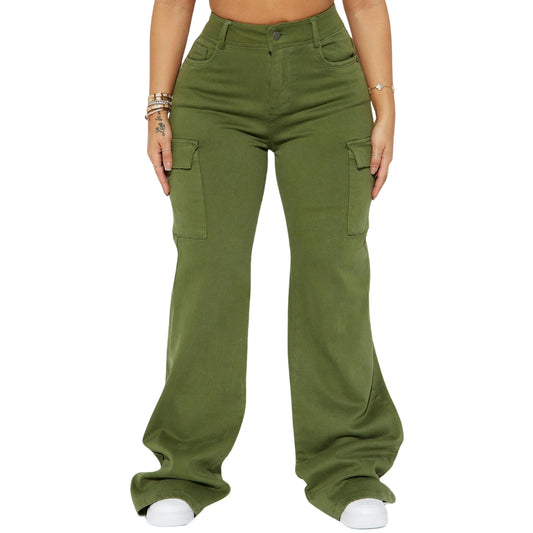 Fashion Nova True That 90s Stretch Cargo Baggy Jeans - Olive Jeans