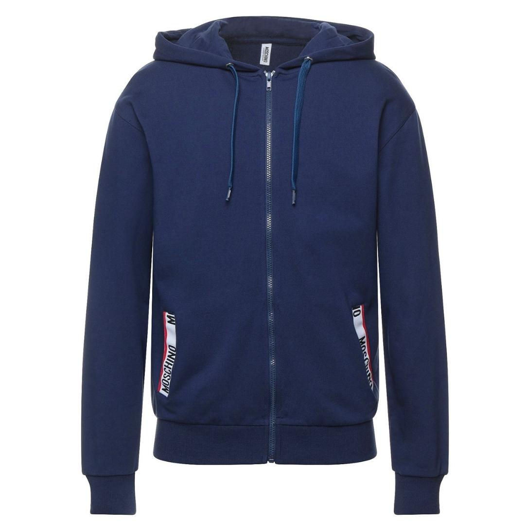 Moschino Brand Taped Pockets Navy Zip Hoodie